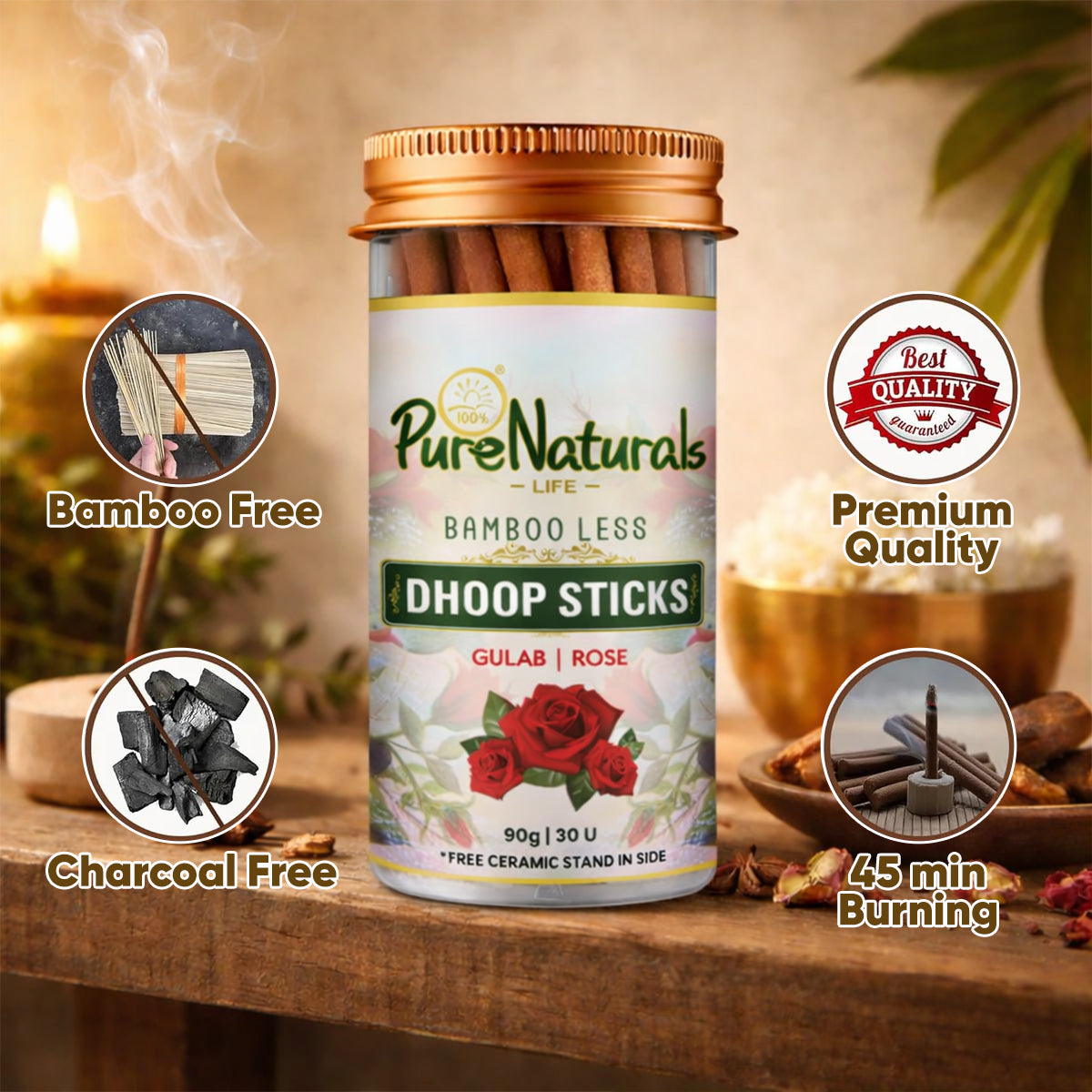 Bamboo Less Incense Rose Dhoop Sticks- 30 Sticks Pack