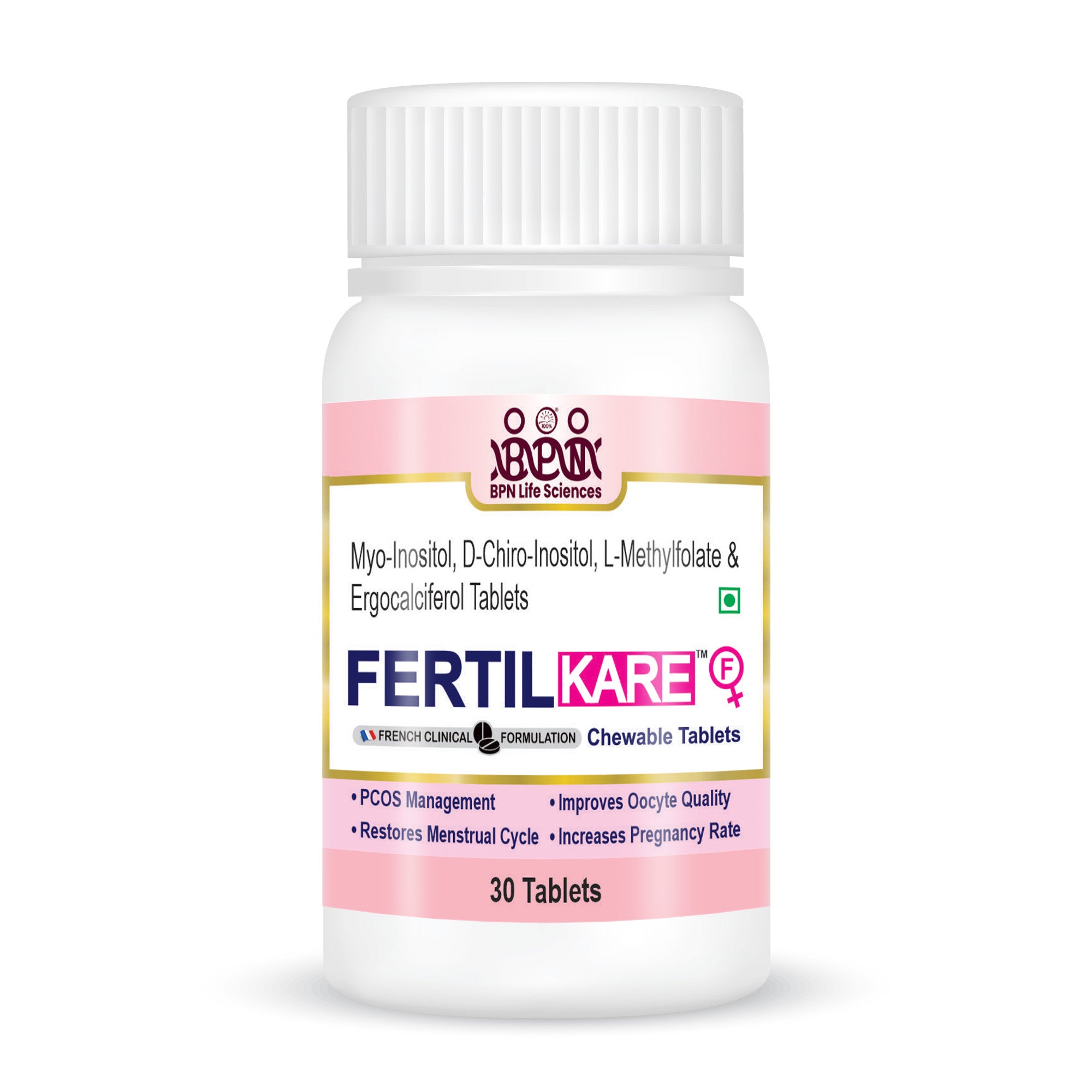 FertilKare F Myo-Inositol Female Reproductive Support Health Chewable Tablets-KIN- 30 CHEWABLE TABLETS JAR - French Formulation