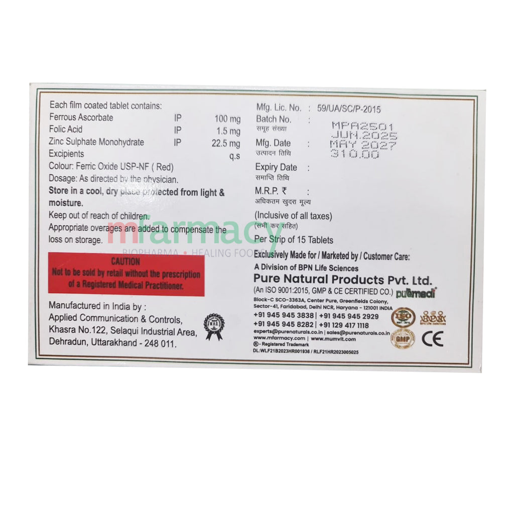 MumVit-Min-Ferrous Ascorbate - Monohydrate Tablets