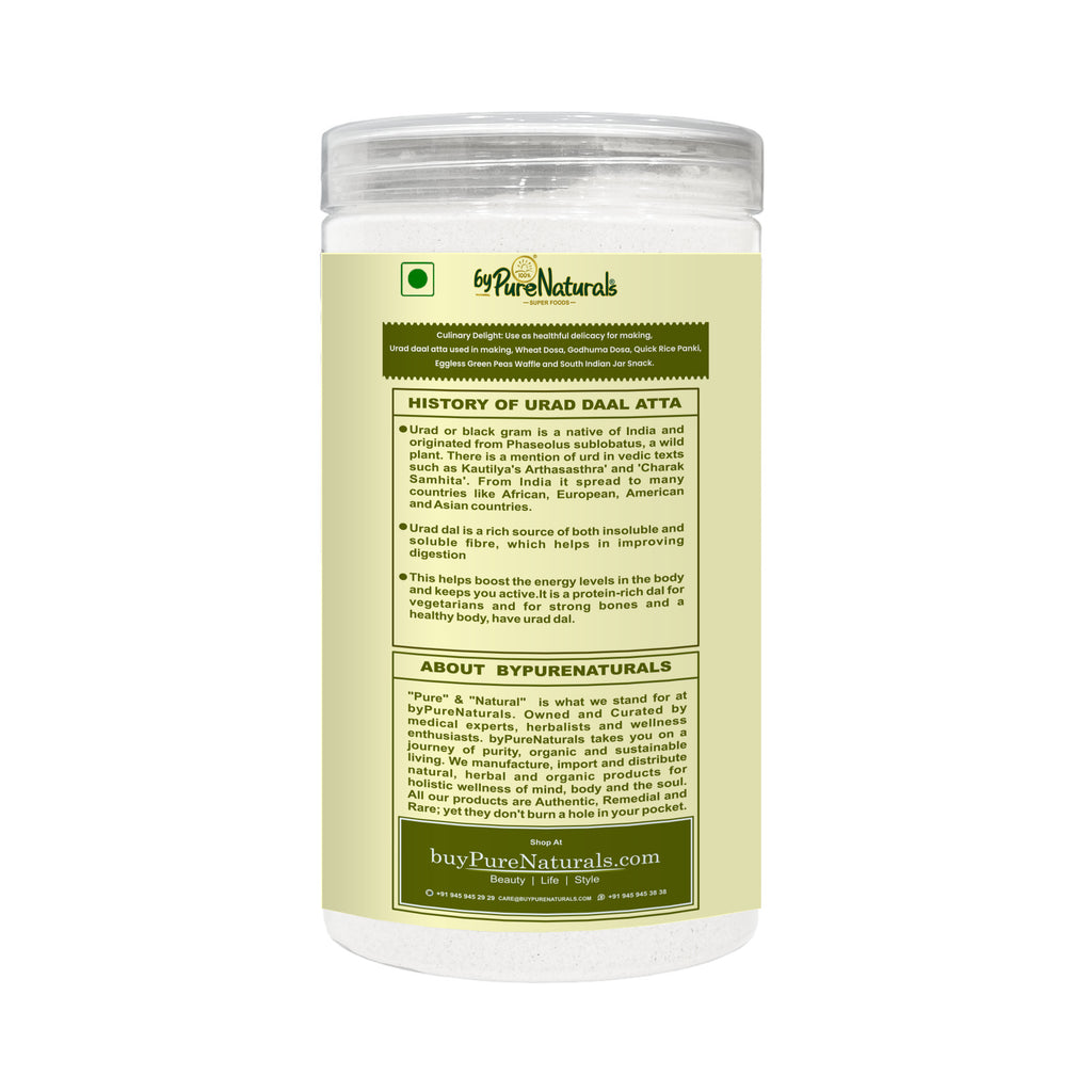 Container of Urad Daal Atta with 'Pure Naturals' branding on a white background