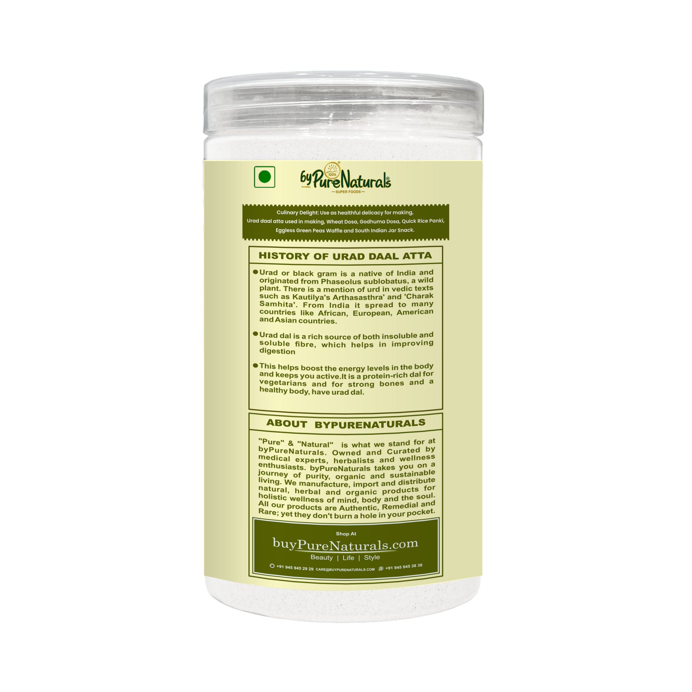 Container of Urad Daal Atta with 'Pure Naturals' branding on a white background