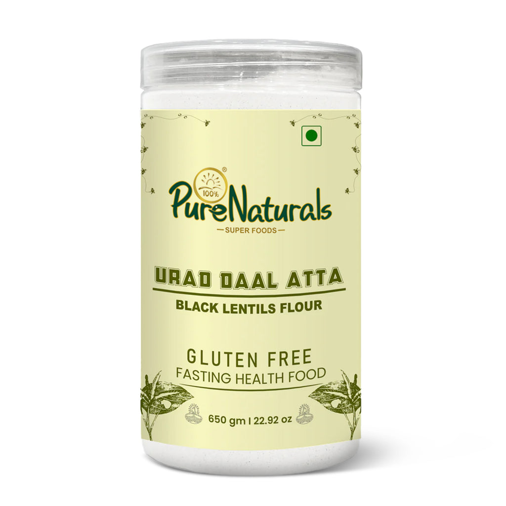 Jar of Pure Naturals Urad Daal Atta on a white background