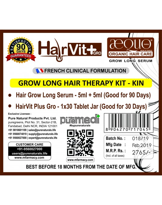 GRO Long Hair Therapy Kit-KIN- Men- 30 Tablets Jar & GLS Grow Long Serum 5ml+5ml- French Formulation- puremedi-HAIRVITPLUS